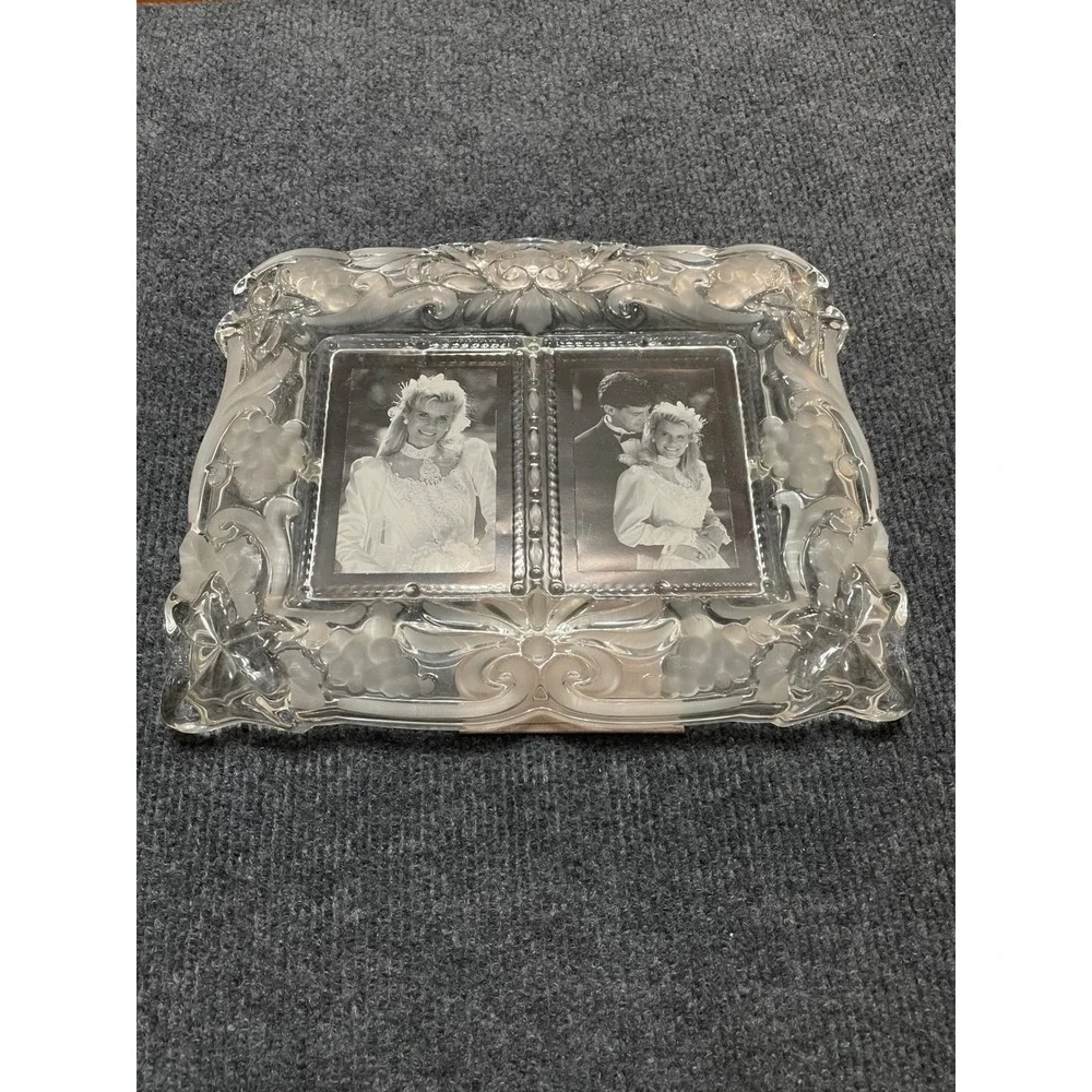 Vintage Frosted Glass Double Picture Frame Grape Vine Relief Tabletop Ornate